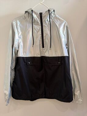Xersion Silver and Black Reflective Hooded Windbreaker